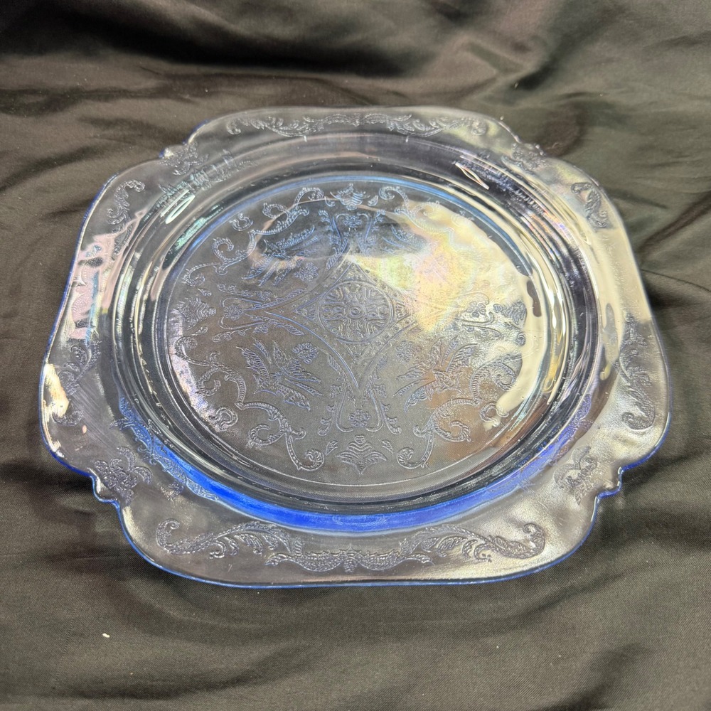 Vintage Blue Depression Glass Patrician Spoke Pattern Square Plate 10.5 Inch
